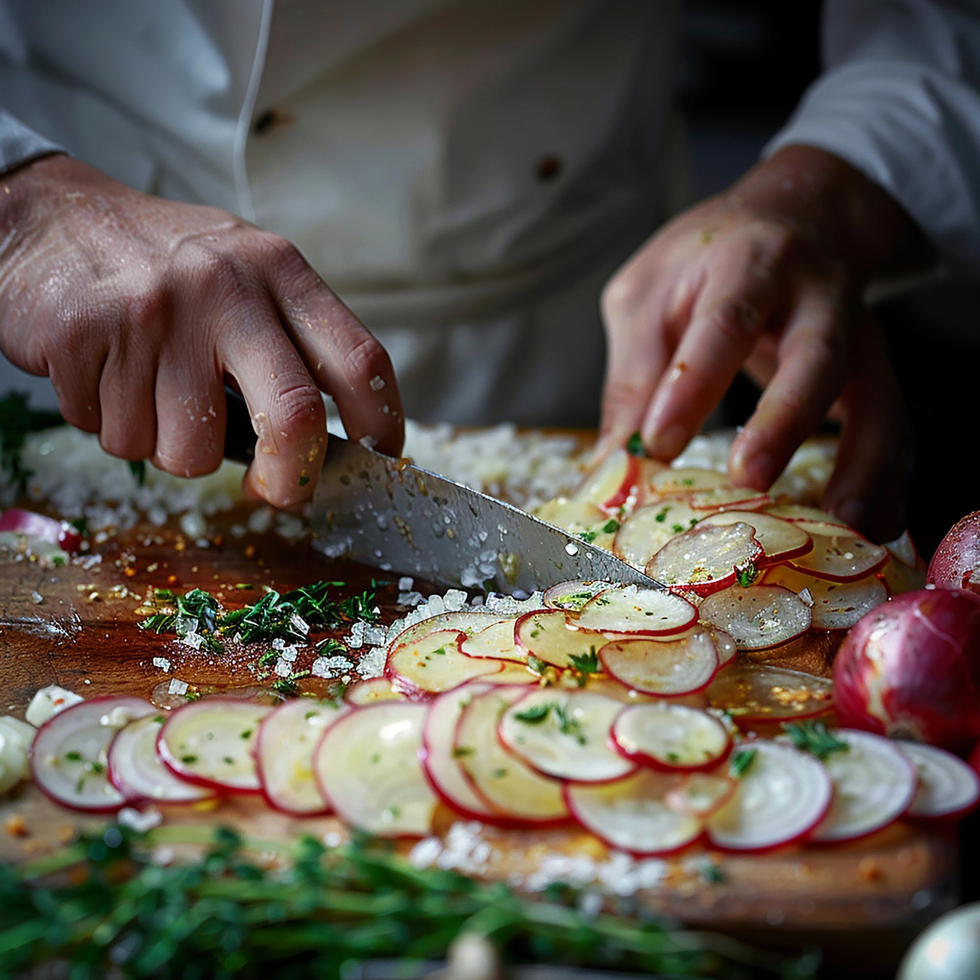 Chef slicing seasonal produce